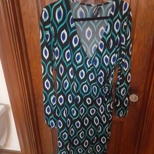 Jones New York Black and Blue Patterned Long Sleeve Dress